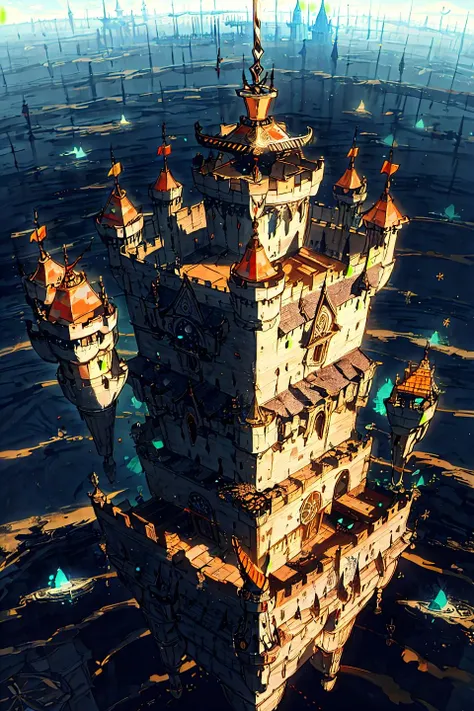 a warrior with armor and sword contemplating a giant floating castle, aerial view, zoom out, clock, surreal clock, <lora:Clock's Adventure:0.7>