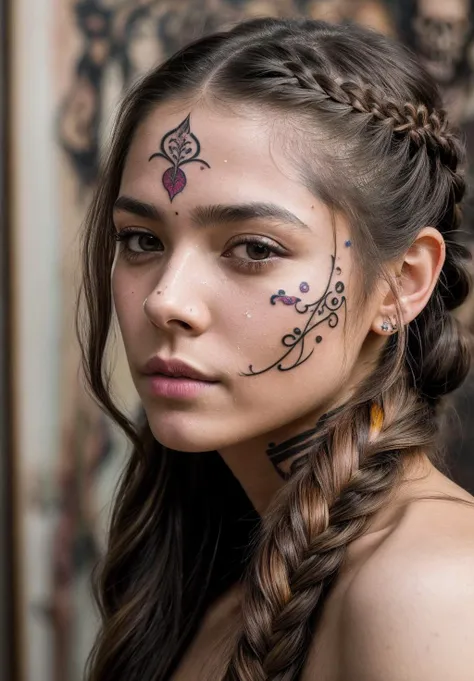 photorealistic, 1girl, full body, long braided hair, modeling, dynamic pose, artist in her atelier, detailed face,detailed skin,beautiful detailed eyes, detailed lip, workshop, paint, natural skin texture, (dynamic pose:0.3), petite, artist, detailed background, (busy background:1.2), colorful, messy, (face tattoo),(skull face tattoo),(skull tattoo)