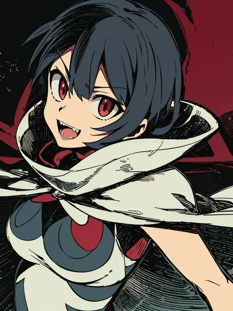(best quality, ultra-detailed, best illustration, best shadow, masterpiece, high res, professional artwork, famous artwork), (1girl, solo),
Zinnia \(pokemon\), red eyes, looking at viewer, cape, black hair, fangs, open mouth, grin, narrowed eyes, leaning back, low angle, determined, menacing,