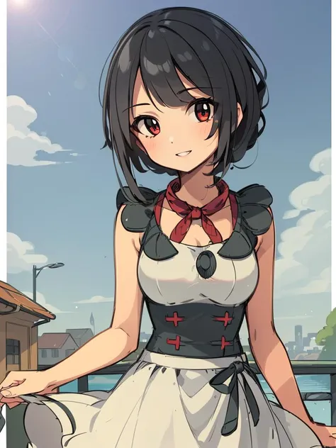 (best quality, ultra-detailed, best illustration, best shadow, masterpiece, high res, professional artwork, famous artwork), (1girl, solo),
Zinnia \(pokemon\), virgin killer outfit, high-waist skirt, outside, blue sky, bright light, smile, parted lips, looking at viewer, blush, detailed background,small town
