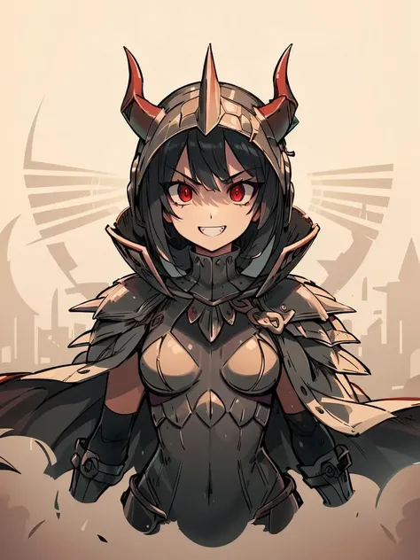 (best quality, ultra-detailed, best illustration, best shadow, masterpiece, high res, professional artwork, famous artwork), (1girl, solo), DragonScaleAI, scale armor, dragon helmet, horns, scales,
Zinnia \(pokemon\), red eyes, looking at viewer, cape, black hair, fangs, grin
