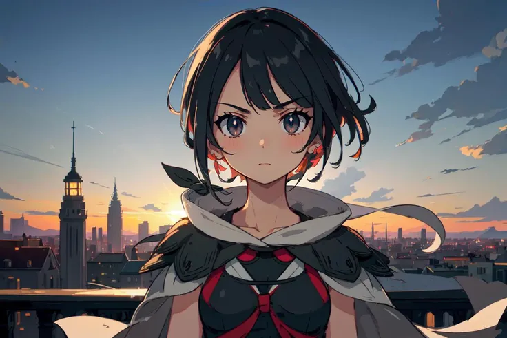 zinnia \(pokemon\) , black eyes, grey shorts, black shirt, sleeveless, cape , serious expression ,<lora:ZinniaLora:0.7> ,on top of a tower , city , nightsky , guard rail ,moon, best quality, (extremely detailed:1.4) ,illustration, mysterious, vivid_color, shiny,, Dynamic actions , Lens perspective , volumetric lighting , detailed eyes, hyper detailed , beautiful, small details, ultra detailed, intricate, 4k, 8k, good anatomy, beautiful lighting