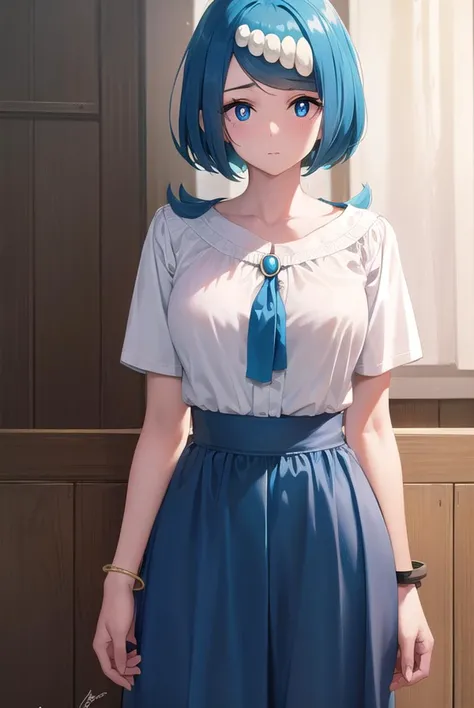 pokemonmotherlana, <lyco:pokemonmotherlana-lyco-nochekaiser:1>,
pokemonmotherlana, blue eyes, blue hair, freckles, hair ornament, long hair, swept bangs, (bright pupils:1.5),
BREAK blouse, blue skirt, bracelet, collarbone, dress, jewelry, long skirt, shirt, short sleeves, skirt, white shirt,
BREAK looking at viewer, full body, (cowboy shot:1.5),
BREAK indoors,
BREAK <lyco:GoodHands-beta2:1>, (masterpiece:1.2), best quality, high resolution, unity 8k wallpaper, (illustration:0.8), (beautiful detailed eyes:1.6), extremely detailed face, perfect lighting, extremely detailed CG, (perfect hands, perfect anatomy),