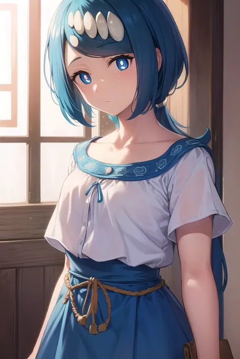 pokemonmotherlana, <lyco:pokemonmotherlana-lyco-nochekaiser:1>,
pokemonmotherlana, blue eyes, blue hair, freckles, hair ornament, long hair, swept bangs, (bright pupils:1.5),
BREAK blouse, blue skirt, bracelet, collarbone, dress, jewelry, long skirt, shirt, short sleeves, skirt, white shirt,
BREAK looking at viewer, full body, (cowboy shot:1.5),
BREAK indoors,
BREAK <lyco:GoodHands-beta2:1>, (masterpiece:1.2), best quality, high resolution, unity 8k wallpaper, (illustration:0.8), (beautiful detailed eyes:1.6), extremely detailed face, perfect lighting, extremely detailed CG, (perfect hands, perfect anatomy),