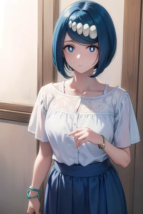 pokemonmotherlana, pokemonmotherlana, olhos azuis, cabelos azuis, Sardas, ornamento de cabelo, cabelos longos, franja varrida, (pupilas brilhantes:1.5),
Blusa quebrar, saia azul, pulseira, 鎖骨, vestir, jewelries, saia longa, camisa, mangas curtas, saia, camisa branca,
quebrar olhando para o espectador, corpo inteiro, (cowboy shot:1.5),
ARROMBAMENTO dentro de casa,
quebrar (master part:1.2), best quality, high resolution, Unity 8k papel de parede, (illustration:0.8), (belos olhos detalhados:1.6), Rosto extremamente detalhado, perfect lighting, CG extremamente detalhado, (perfect hands, anatomia perfeita),