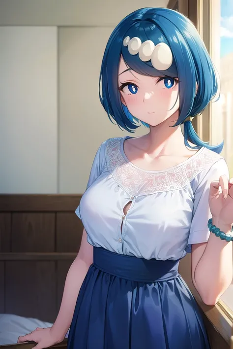 pokemonmotherlana, <lyco:pokemonmotherlana-lyco-nochekaiser:1>,
pokemonmotherlana, blue eyes, blue hair, freckles, hair ornament, long hair, swept bangs, (bright pupils:1.5),
BREAK blouse, blue skirt, bracelet, collarbone, dress, jewelry, long skirt, shirt, short sleeves, skirt, white shirt,
BREAK looking at viewer, full body, (cowboy shot:1.5),
BREAK indoors,
BREAK <lyco:GoodHands-beta2:1>, (masterpiece:1.2), best quality, high resolution, unity 8k wallpaper, (illustration:0.8), (beautiful detailed eyes:1.6), extremely detailed face, perfect lighting, extremely detailed CG, (perfect hands, perfect anatomy),