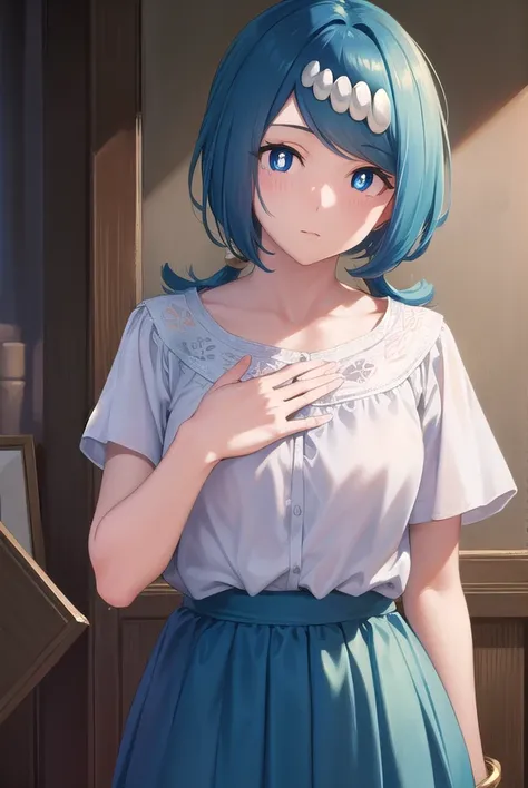 pokemonmotherlana, <lyco:pokemonmotherlana-lyco-nochekaiser:1>,
pokemonmotherlana, blue eyes, blue hair, freckles, hair ornament, long hair, swept bangs, (bright pupils:1.5),
BREAK blouse, blue skirt, bracelet, collarbone, dress, jewelry, long skirt, shirt, short sleeves, skirt, white shirt,
BREAK looking at viewer, full body, (cowboy shot:1.5),
BREAK indoors,
BREAK <lyco:GoodHands-beta2:1>, (masterpiece:1.2), best quality, high resolution, unity 8k wallpaper, (illustration:0.8), (beautiful detailed eyes:1.6), extremely detailed face, perfect lighting, extremely detailed CG, (perfect hands, perfect anatomy),