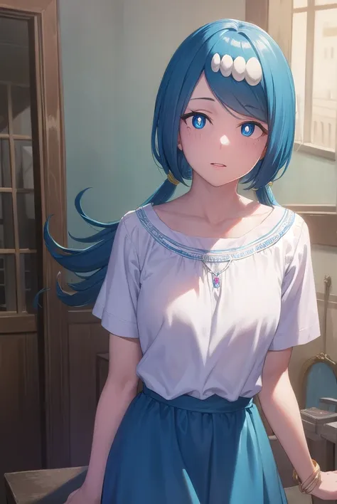 pokemonmotherlana, <lyco:pokemonmotherlana-lyco-nochekaiser:1>,
pokemonmotherlana, blue eyes, blue hair, freckles, hair ornament, long hair, swept bangs, (bright pupils:1.5),
BREAK blouse, blue skirt, bracelet, collarbone, dress, jewelry, long skirt, shirt, short sleeves, skirt, white shirt,
BREAK looking at viewer, full body, (cowboy shot:1.5),
BREAK indoors,
BREAK <lyco:GoodHands-beta2:1>, (masterpiece:1.2), best quality, high resolution, unity 8k wallpaper, (illustration:0.8), (beautiful detailed eyes:1.6), extremely detailed face, perfect lighting, extremely detailed CG, (perfect hands, perfect anatomy),