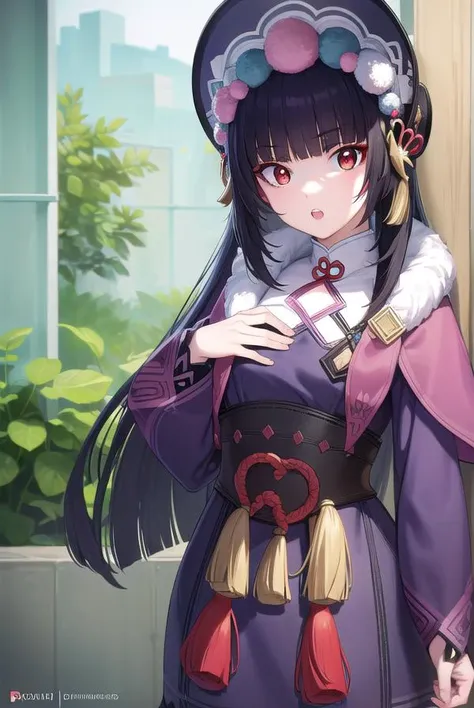 yunjin, <lora:yunjin-lora-nochekaiser:1>,
yun jin, black hair, blunt bangs, braid, eyeshadow, long hair, makeup, purple hair, (red eyes:1.5), red eyeshadow, (small breasts:1.2), <lora:surprised_v100:1>, <lora:talkmouth_U_v100:1>, open mouth,
BREAK black footwear, boots, chinese clothes, fur trim, hat, knee boots, long sleeves, pantyhose, pom pom (clothes), purple pantyhose,
BREAK indoors, theater,
BREAK looking at viewer, (cowboy shot:1.5), upper body,
BREAK <lyco:GoodHands-beta2:1>, (masterpiece:1.2), best quality, high resolution, unity 8k wallpaper, (illustration:0.8), (beautiful detailed eyes:1.6), extremely detailed face, perfect lighting, extremely detailed CG, (perfect hands, perfect anatomy),