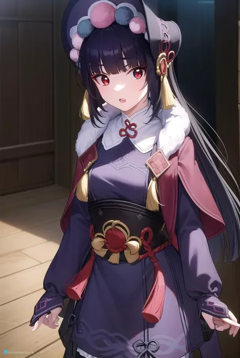 yunjin, <lora:yunjin-lora-nochekaiser:1>,
yun jin, black hair, blunt bangs, braid, eyeshadow, long hair, makeup, purple hair, (red eyes:1.5), red eyeshadow, (small breasts:1.2), <lora:surprised_v100:1>, <lora:talkmouth_U_v100:1>, open mouth,
BREAK black footwear, boots, chinese clothes, fur trim, hat, knee boots, long sleeves, pantyhose, pom pom (clothes), purple pantyhose,
BREAK indoors, theater,
BREAK looking at viewer, (cowboy shot:1.5), upper body,
BREAK <lyco:GoodHands-beta2:1>, (masterpiece:1.2), best quality, high resolution, unity 8k wallpaper, (illustration:0.8), (beautiful detailed eyes:1.6), extremely detailed face, perfect lighting, extremely detailed CG, (perfect hands, perfect anatomy),