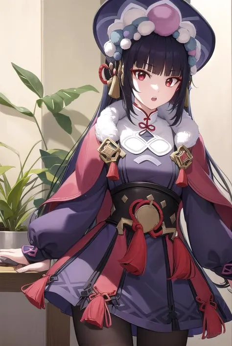 yunjin, <lora:yunjin-lora-nochekaiser:1>,
yun jin, black hair, blunt bangs, braid, eyeshadow, long hair, makeup, purple hair, (red eyes:1.5), red eyeshadow, (small breasts:1.2), <lora:surprised_v100:1>, <lora:talkmouth_U_v100:1>, open mouth,
BREAK black footwear, boots, chinese clothes, fur trim, hat, knee boots, long sleeves, pantyhose, pom pom (clothes), purple pantyhose,
BREAK indoors, theater,
BREAK looking at viewer, (cowboy shot:1.5), upper body,
BREAK <lyco:GoodHands-beta2:1>, (masterpiece:1.2), best quality, high resolution, unity 8k wallpaper, (illustration:0.8), (beautiful detailed eyes:1.6), extremely detailed face, perfect lighting, extremely detailed CG, (perfect hands, perfect anatomy),