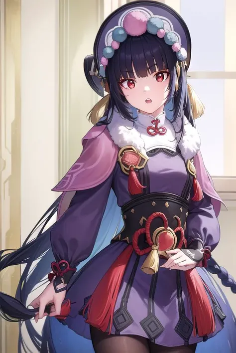 yunjin, <lora:yunjin-lora-nochekaiser:1>,
yun jin, black hair, blunt bangs, braid, eyeshadow, long hair, makeup, purple hair, (red eyes:1.5), red eyeshadow, (small breasts:1.2), <lora:surprised_v100:1>, <lora:talkmouth_U_v100:1>, open mouth,
BREAK black footwear, boots, chinese clothes, fur trim, hat, knee boots, long sleeves, pantyhose, pom pom (clothes), purple pantyhose,
BREAK indoors, theater,
BREAK looking at viewer, (cowboy shot:1.5), upper body,
BREAK <lyco:GoodHands-beta2:1>, (masterpiece:1.2), best quality, high resolution, unity 8k wallpaper, (illustration:0.8), (beautiful detailed eyes:1.6), extremely detailed face, perfect lighting, extremely detailed CG, (perfect hands, perfect anatomy),