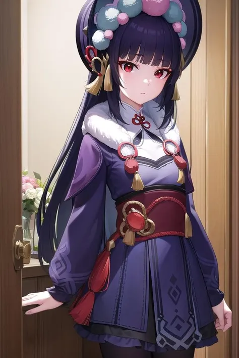 yunjin, <lora:yunjin-lora-nochekaiser:1>,
yun jin, black hair, blunt bangs, braid, eyeshadow, long hair, makeup, purple hair, (red eyes:1.5), red eyeshadow, (small breasts:1.2),
BREAK black footwear, boots, chinese clothes, fur trim, hat, knee boots, long sleeves, pantyhose, pom pom (clothes), purple pantyhose,
BREAK indoors, theater,
BREAK looking at viewer, (cowboy shot:1.5), upper body,
BREAK <lyco:GoodHands-beta2:1>, (masterpiece:1.2), best quality, high resolution, unity 8k wallpaper, (illustration:0.8), (beautiful detailed eyes:1.6), extremely detailed face, perfect lighting, extremely detailed CG, (perfect hands, perfect anatomy),