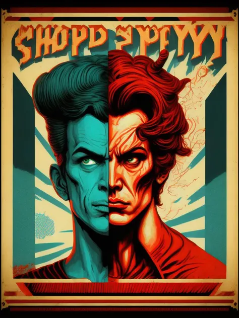 <lora:ButcherBilly:1>a man and a demon standing beside each other in the red and blue style of Shepard Fairey's hope poster