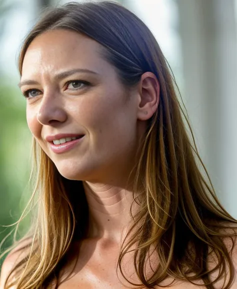 A high resolution photo of a nude 30 year old woman bending towards camera, anna torv, photograph, still photo from tv show Fringe, ((downblouse)), business suit, accurate lighting, realistic, sunburn, (pale skin), tan lines, skin blemishes, light acne, (high detailed skin:1.2), 8k uhd, dslr, soft lighting, high quality, film grain, Fujifilm XT3, AnnaTorv, <lora:AnnaTorv:1.3>