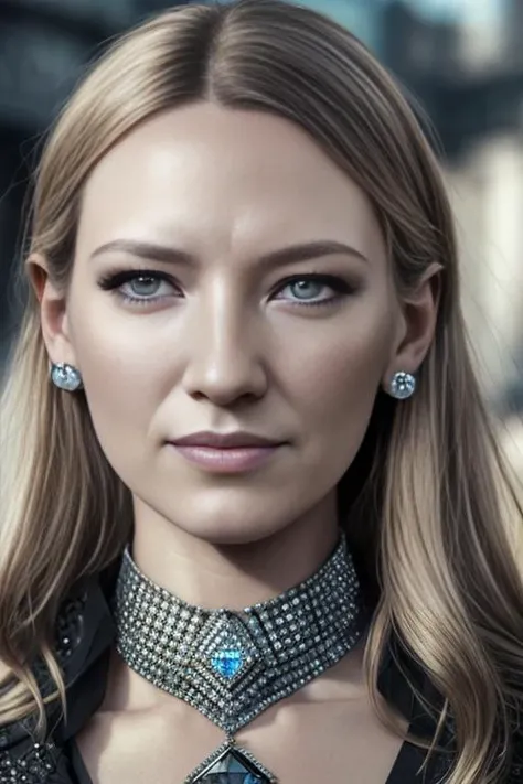 photo of woman, AnnaTorv, (front to camera), detailed european face, (aspiring facial expression), (((diamondpunk style close))), ((deathpunk city on the background)), RAW, analog style, ultra detailed photograph, cinematic lighting, artstation, 4k, sharp focus, high resolution, detailed skin, detailed eyes, <lora:AnnaTorv:0.6>