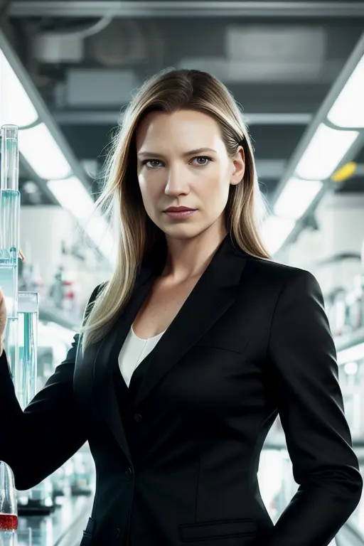 AnnaTorv, as a detective , modelshoot style, (extremely detailed CG unity 8k wallpaper), Intricate, High Detail, Sharp focus, dramatic,photorealistic painting art by midjourney and greg rutkowski , ((in a futuristic chemists lab)), ((wearing a black suit)), ((paparazzi in the background)), (looking at viewer), (detailed pupils:1.2), dimly lit, <lora:AnnaTorv:0.7>