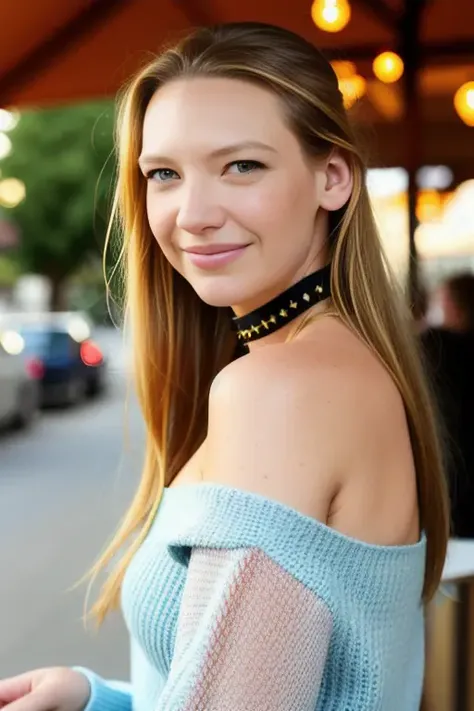AnnaTorv piercing eyes, looking straight, very happy,long hair, wearing an off-shoulder sweater, choker, closeup portrait, in a outdoor cafe in 2015, afternoon light <lora:AnnaTorv:1.0>
