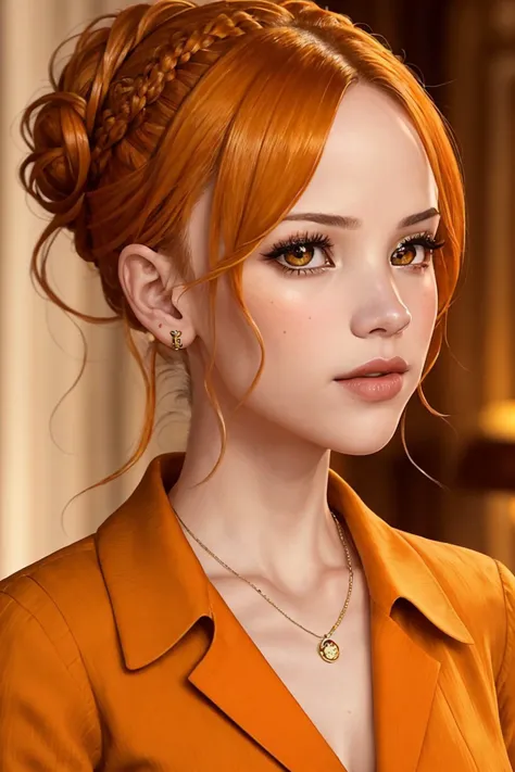 photo of <lora:HalstonSage_v1:1> HalstonSage, focus on eyes, close up on face, wearing jewelry, marigold-orange color hair styled high braided bun