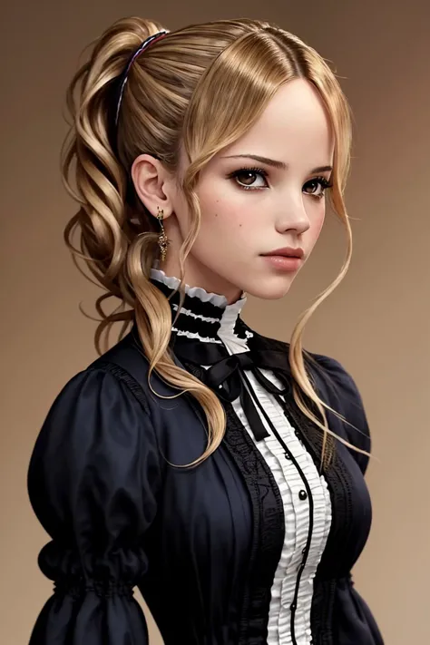 upper body photo of photo of <lora:HalstonSage_v1:1> HalstonSage, focus on face, wearing victorian clothing , her hair is styled as fishtail side ponytail,