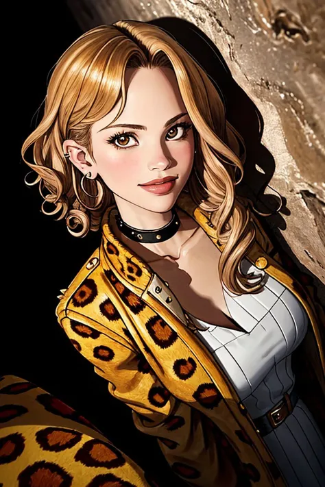 (high angle, headshot:1.2) photo of photo of <lora:HalstonSage_v1:1> HalstonSage, smiling, she is wearing leopard print letterman jacket , she is wearing stud earrings, her hair is styled as curly bob hair, BREAK she is (in the cellar:1.1), direct flash photography, muted low film grain ,8mm fisheye lens ,shot on Hasselblad 500CM ,ND filter,