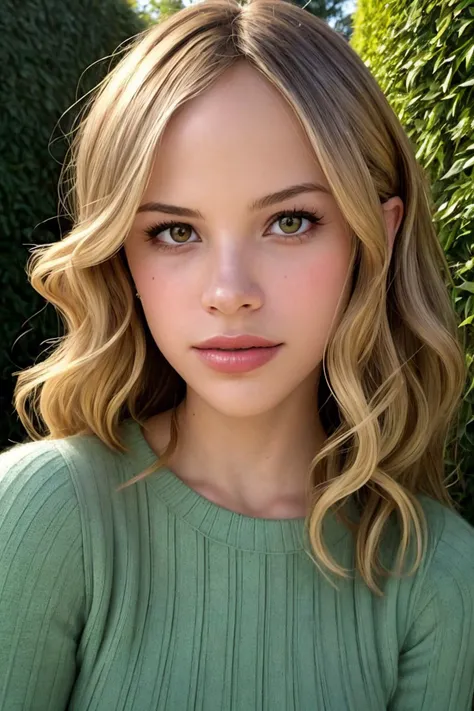 (shot from a Dutch angle, closeup on face:1.2) photo of photo of <lora:HalstonSage_v1:1> HalstonSage, she is wearing pullover , she is wearing wedding ring, her hair is styled as curly hair, BREAK she is (wandering a hedge maze:1.1), soft natural lighting, 8mm fisheye lens ,shot on Hasselblad 500CM ,Velvia 100 ,