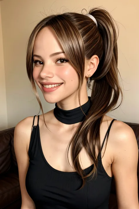 (medium shot:1.2), <lora:HalstonSage_v1.0:.9> HalstonSage big smile_. chocolate color hair styled as Straight Twisted Ponytail