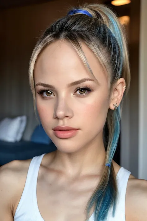 photo of <lora:HalstonSage_v1:1> HalstonSage, focus on eyes, close up on face, pouting, Periwinkle Blue hair styled wavy ponytail