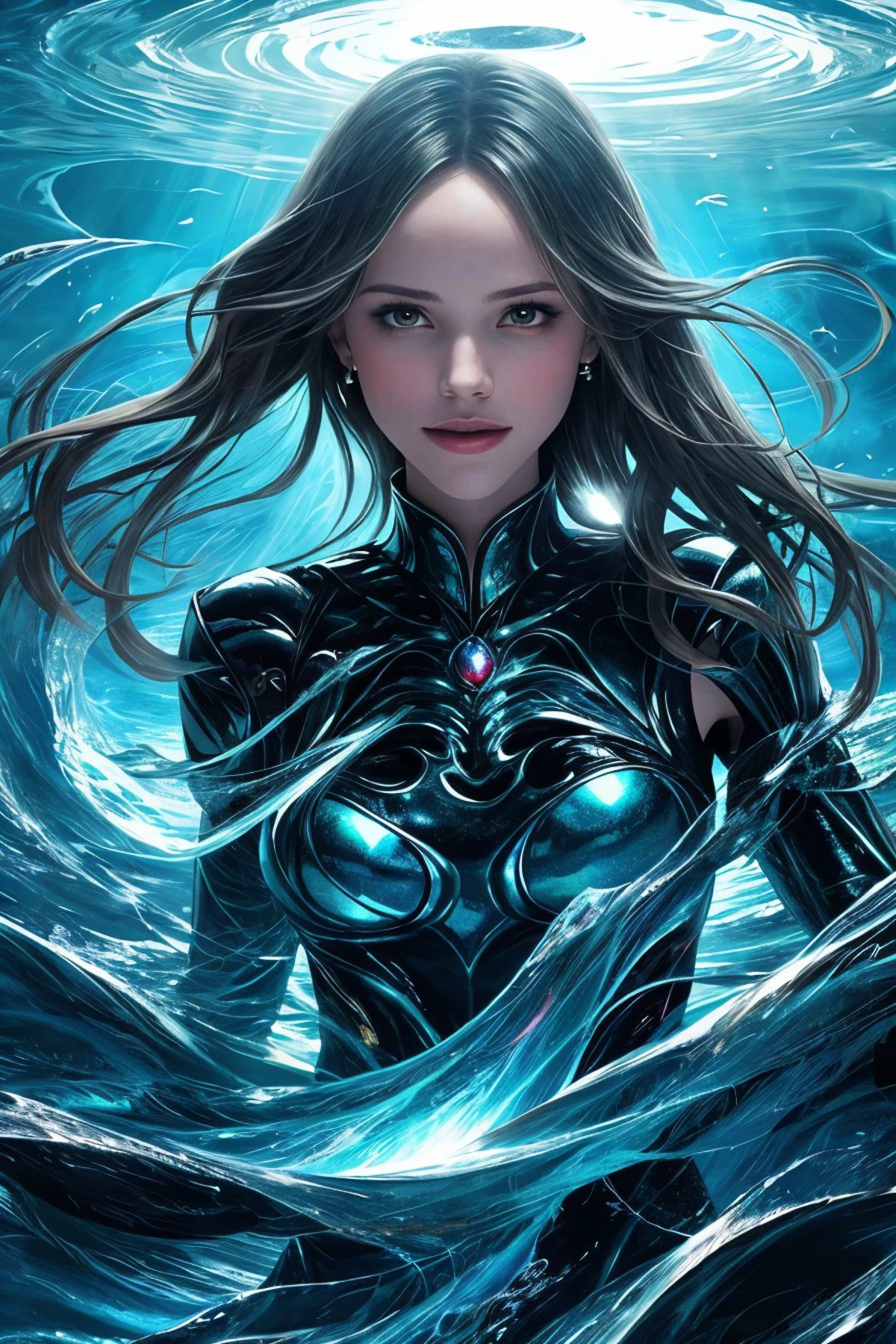 <lora:HalstonSage_v1.0:.9> HalstonSage, Style-GravityMagic, solo, upper body, looking at viewer, detailed background, detailed face, (high fantasy medieval theme:1.1), (glowing eyes:1.05), water sorcerer, swirling water, whirlpool, fantasy hydromancer clothes, dynamic pose, floating particles, smiling, ethereal glowing, water, drops of water, vapor, ocean in background, blue tones, backlighting, ethereal atmosphere,