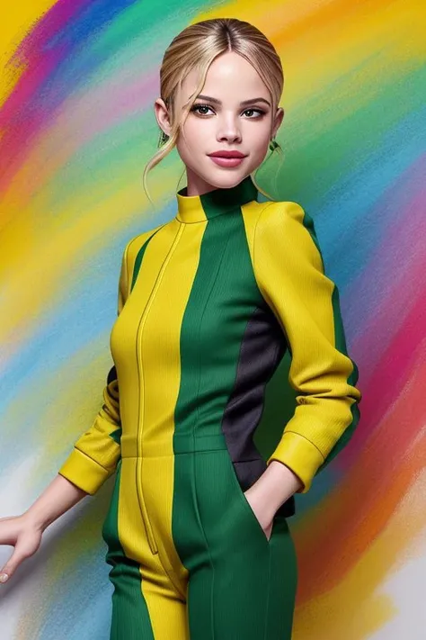 chalk art style, textured, vibrant, hand-drawn, detailed BREAK portrait photo of <lora:HalstonSage_v1.0:1> HalstonSage big smile, focus on face, wearing a pant suit , her palegreenyellow color hair is styled as Straight Chignon,