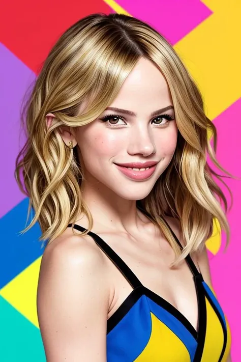 pop art, vibrant colors, iconic, bold outlines, dotted BREAK portrait photo of <lora:HalstonSage_v1.0:1> HalstonSage big smile, focus on face, wearing a summer dress , her hair is styled as layered shag hair,