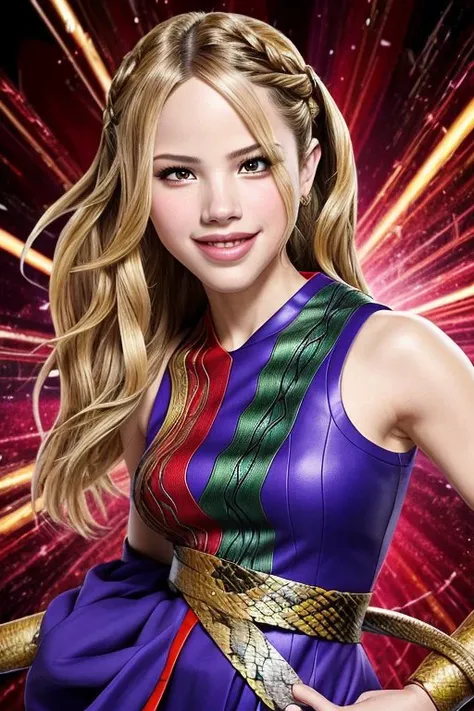 anime artwork, anime style, key visual, vibrant, studio anime, highly detailed BREAK upper body photo of <lora:HalstonSage_v1.0:1> HalstonSage big smile, focus on smiling face, wearing cosplay clothing , her hair is styled as snake braid,