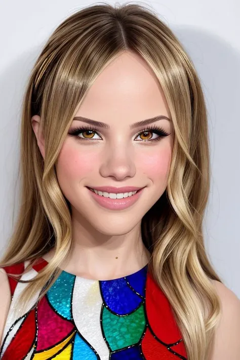 pop surrealistic, dreamlike, pop culture elements, vibrant, detailed BREAK portrait photo of <lora:HalstonSage_v1.0:1> HalstonSage big smile, focus on face, wearing camo , her hair is styled as sunkissed hair,