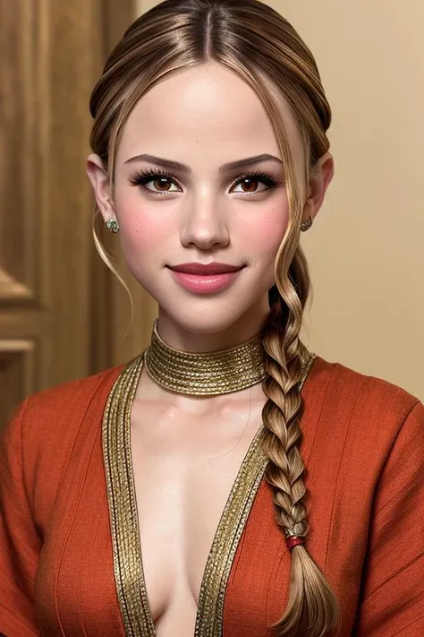 Mughal painting BREAK <lora:HalstonSage_v1.0:1> HalstonSage big smile, focus on eyes, close up on face, wearing jewelry, dark rust hair styled herringbone braid