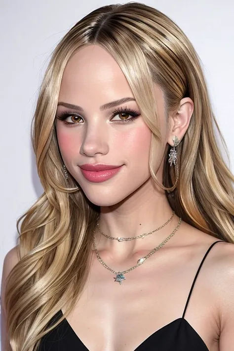 pop surrealistic, dreamlike, pop culture elements, vibrant, detailed BREAK <lora:HalstonSage_v1.0:1> HalstonSage big smile, focus on eyes, close up on face, wearing jewelry, platinum color hair styled dutch braided half-up half-down