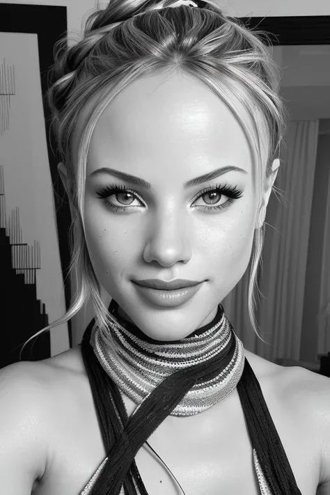 op art style, optical illusions, black and white, geometric, detailed BREAK <lora:HalstonSage_v1.0:1> HalstonSage big smile, focus on eyes, close up on face, hair styled braid-wrapped bun