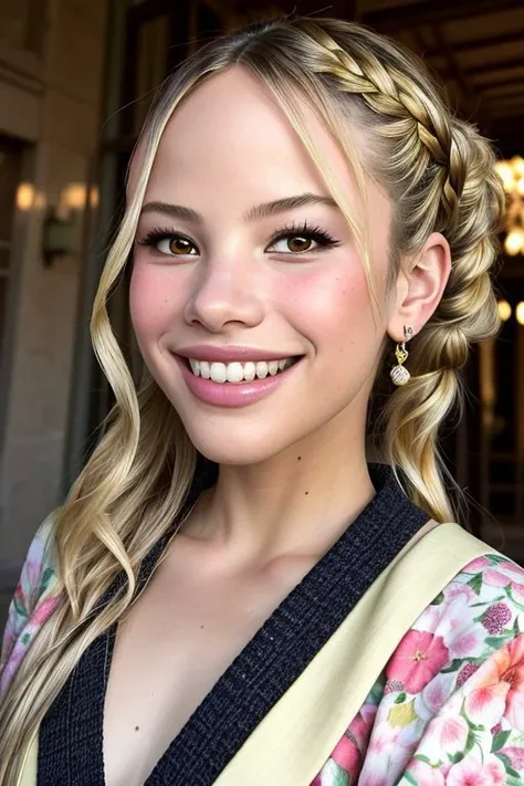 rococo art of, ornate, pastel, romantic, highly detailed (low angle, closeup on face:1.2) photo of <lora:HalstonSage_v1.0:1> HalstonSage big smile, she is wearing haori, she is wearing stole, her hair is styled as french braided half-up half-down, BREAK she is (in the patio:1.1), silhouetted against the bright sky, 50mm ,