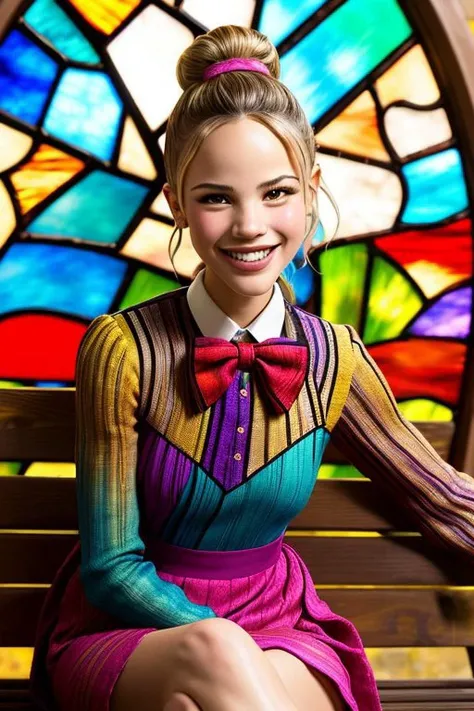 stained glass style, vibrant, fragmented, light effects, highly detailed (low angle, closeup on face:1.2) photo of <lora:HalstonSage_v1.0:1> HalstonSage big smile, smiling, she is wearing changpao, she is wearing bowtie, her hair is styled as Straight Low Twisted Bun, BREAK she is (sitting on a park bench:1.1), direct flash photography, 50mm ,