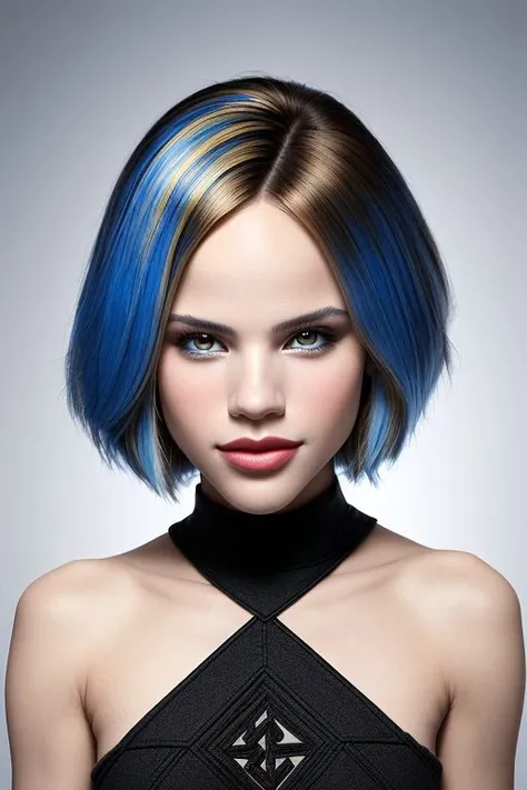 constructivist design of, geometric, bold, Russian art, highly detailed <lora:HalstonSage_v1.0:1> HalstonSage big smile, focus on eyes, close up on face, pouting, international klein blue color hair styled lob hair