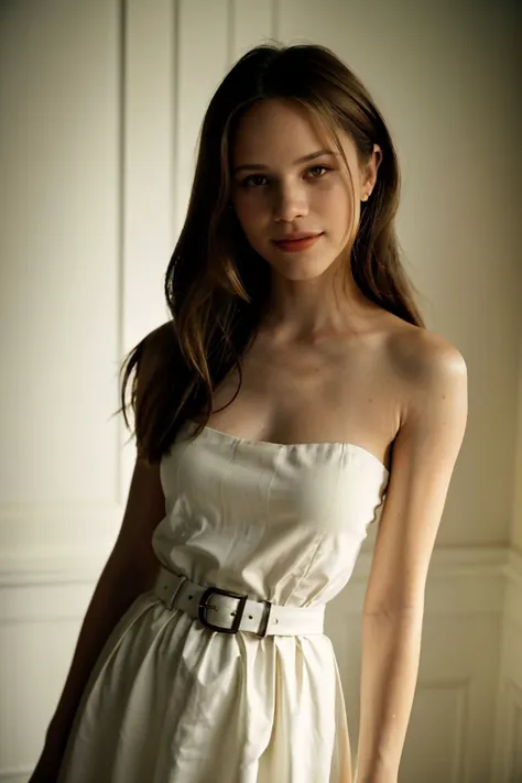(high angle, closeup on face:1.2) photo of photo of <lora:HalstonSage_v1:1> HalstonSage big smile, she is wearing dress , she is wearing belt, her hair is styled as asymmetrical shoulder-length hair, BREAK she is (in the scullery:1.1), soft diffused lighting, underexposed,shot on Leica M3 ,50mm ,Velvia 100 ,