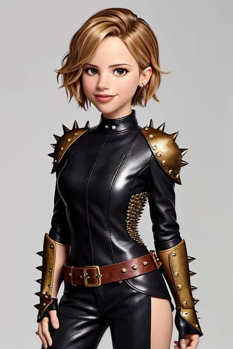 portrait photo of photo of <lora:HalstonSage_v1:1> HalstonSage, focus on smiling face, wearing leather armor , her hair is styled as short spiky hair,