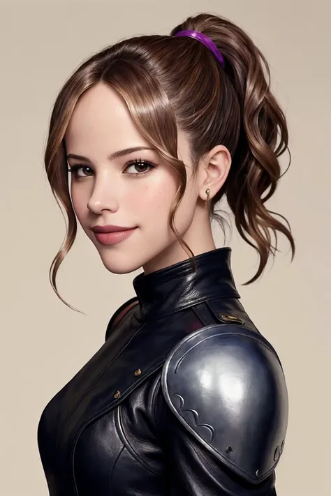 portrait photo of photo of <lora:HalstonSage_v1:1> HalstonSage, focus on smiling face, wearing leather armor , her dark orchid hair is styled as wavy ponytail,