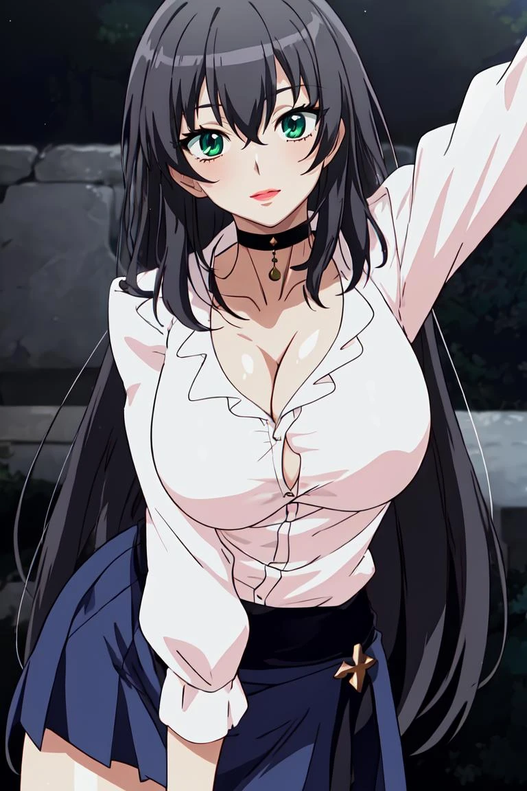 masterpiece, best quality, ultra-detailed, glistening shiny, glowing light, ray tracing, HDR, deph of field,(perfect face, detailed face) , <lora:MorinoYuuko:0.7>, 1girl, solo, morinoyuuko, long hair, green eyes, large breasts, lipstick, white blouse, black choker, cleavage, blu skirt, one leg up, standing