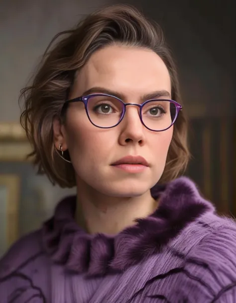 DaisyRidley,<lora:DaisyRidleySDXL:1>,(medium shot:1.3) photography, woman wearing purple eyeglasses, fur sweater, blond hair, short hair, high quality, highly detailed, Sharpdetail, photorealism, hyperrealism, realistic, real, natural color, warm tone