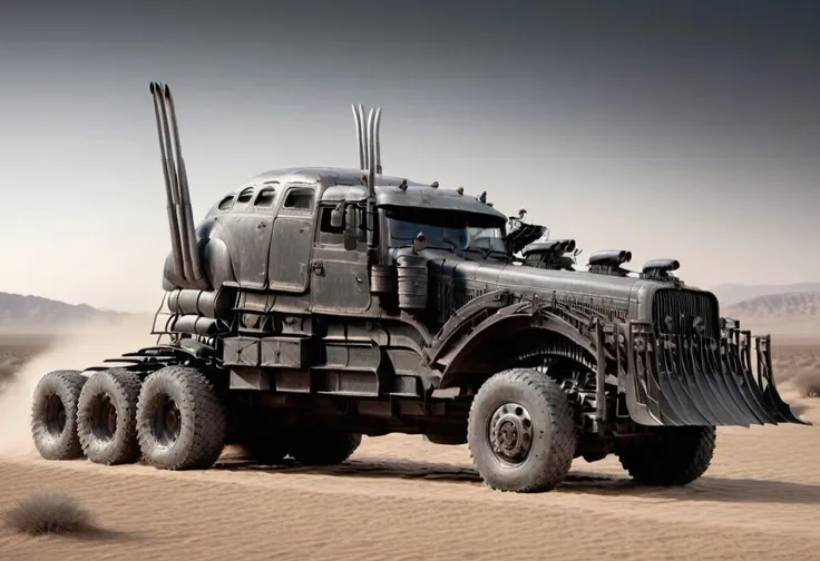 1vehicle, war rig rat rod truck with long exhaust pipes and a  cowcatcher plough at the front, wheels, vehicle focus, driving through a desert, daytime, sunlight, high contrast, highly detailed, award-winning photo, realistic, high contrast, volumetric lighting, global illumination, Cinematic, Cinematic Shot, Cinematic Lighting, epiCPhoto,