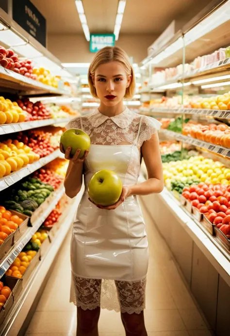 In the year 2050, a young woman stands in a brightly lit supermarket, holding a strange and unusually large glowing fruit. The fruit is wrapped in a translucent film, and its glow illuminates the woman's face, casting an ethereal light on her pale, flawless skin. She has delicate, feminine features, and her long blonde hair falls in soft waves around her shoulders. She is dressed in a tight latex mini dress with lace details, and her glossy lipstick adds a pop of color to her otherwise muted palette. Her eyes are downcast, and her expressive face is tinged with sadness, as if she is embarrassed to be seen with the unusual fruit.
The background of the scene is a typical supermarket, with bright fluorescent lights and rows of neatly stacked products. The woman's figure is the clear focus of the image, however, with the glowing fruit serving as a striking visual centerpiece. The overall effect is a blend of vintage and futuristic aesthetics, with a hint of surrealism thrown in for good measure.
The image is highly detailed, with expert lighting and composition that suggests it was shot on a high-budget production. The use of a 120mm Hasselblad camera and Polaroid film adds to the vintage feel, while the influence of photographers like William Eggleston, Tim Walker, Ryan McGinley, Gregory Crewdson, and Terry Richardson can be seen in the use of color, lighting, and subject matter.