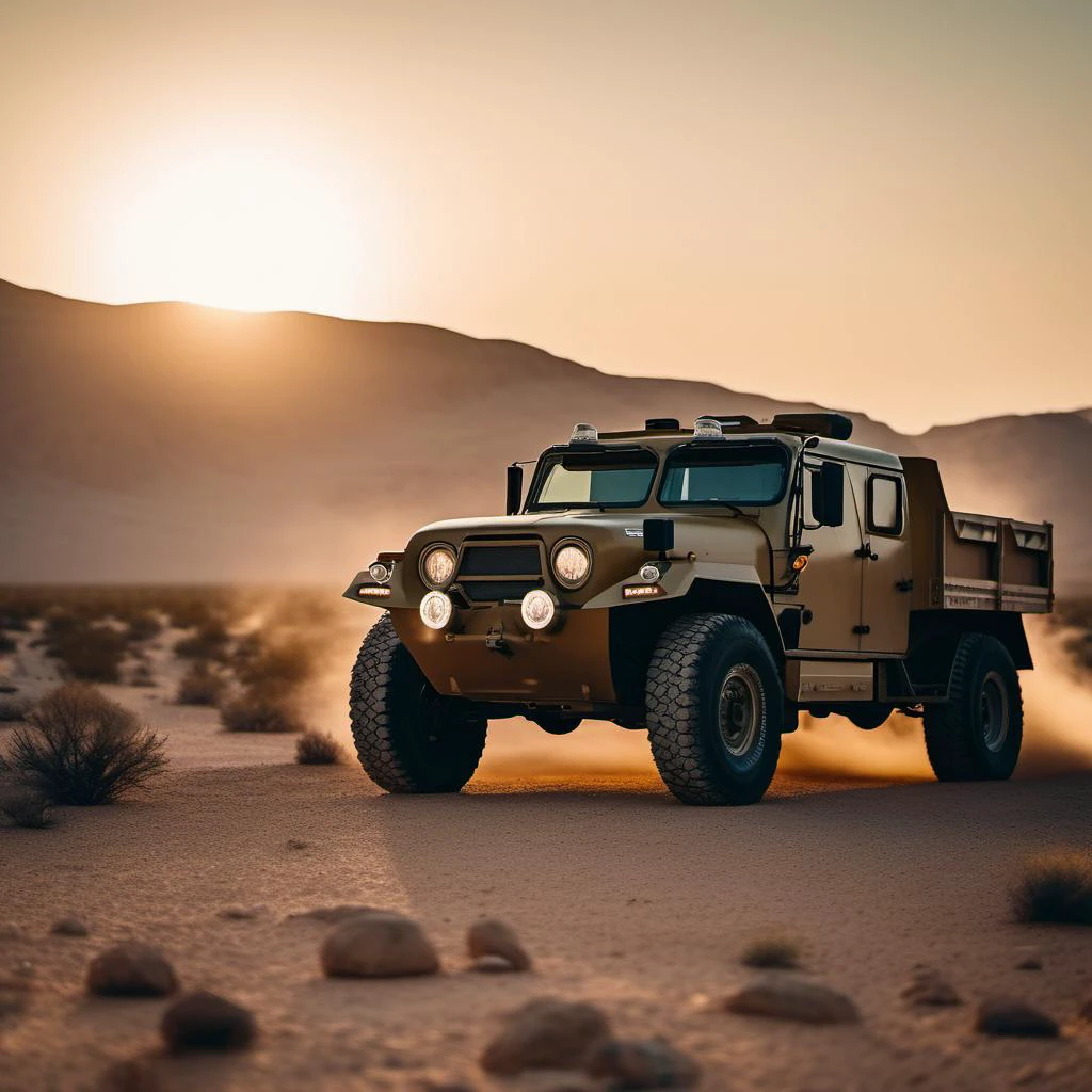 cinematic film still raw, scifi, (color military khaki:1.3) (futuristic fueltruck:1.1) offroad, grit, rust, stains, outdoor, cinematic, (hot desert landscape:1.1),dried lake, cracked rocks, volumetric light, mist, sunrise
<lora:TruckMaker-SDXL-LoHA:-0.5>, epic vista <lora:Grit-SDXL:0.35> . shallow depth of field, vignette, highly detailed, high budget Hollywood movie, bokeh, cinemascope, moody, epic, gorgeous, film grain, grainy