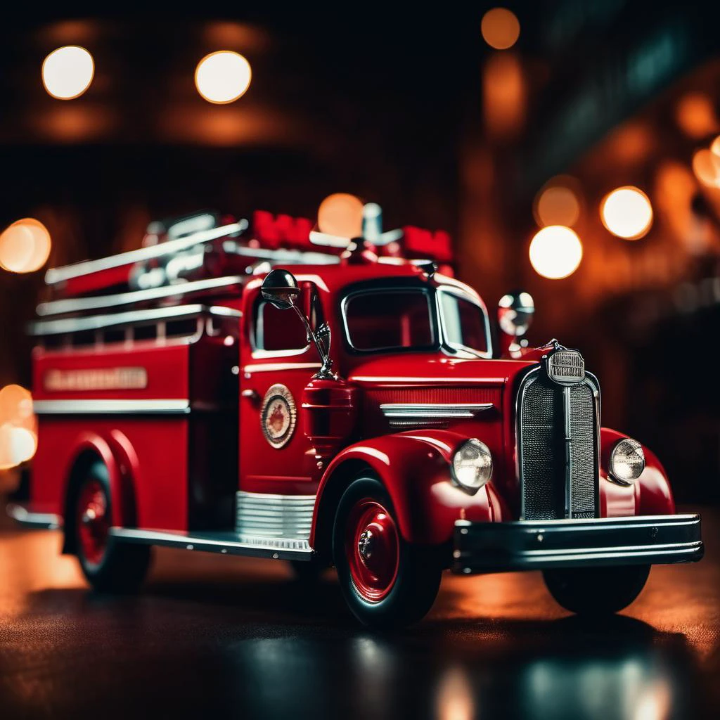 cinematic film still truckmaker retrofuturistic vintage firetruck, view <lora:TruckMaker-SDXL-LoHA:-0.5>. night . shallow depth of field, vignette, highly detailed, high budget Hollywood movie, bokeh, cinemascope, moody, epic, gorgeous, film grain, grainy