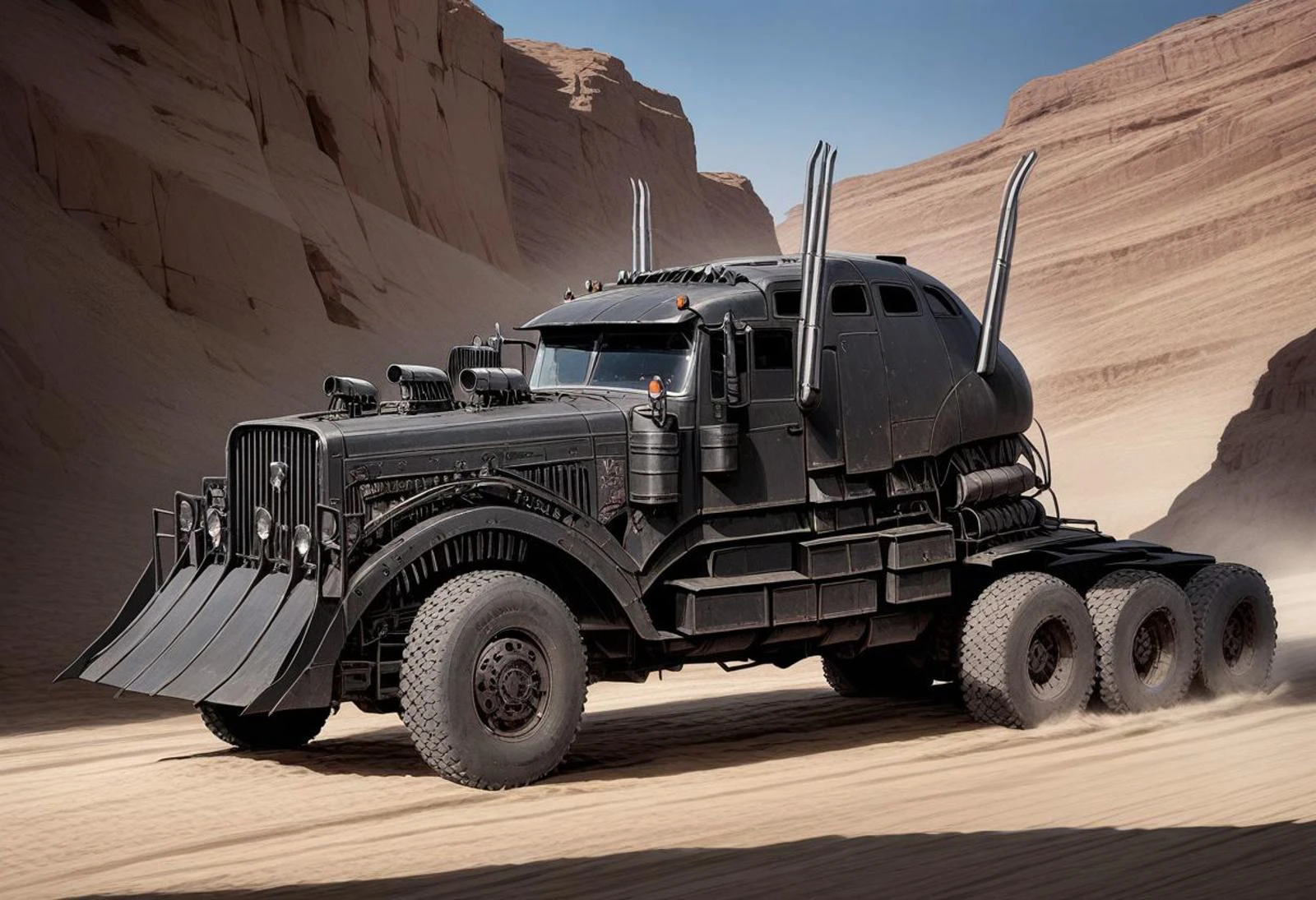 1vehicle, war rig rat rod truck with long exhaust pipes and a cowcatcher plough at the front, wheels, vehicle focus, driving through a desert, daytime, sunlight, high contrast, highly detailed, award-winning photo, realistic, high contrast, volumetric lighting, global illumination, Cinematic, Cinematic Shot, Cinematic Lighting, epiCPhoto,