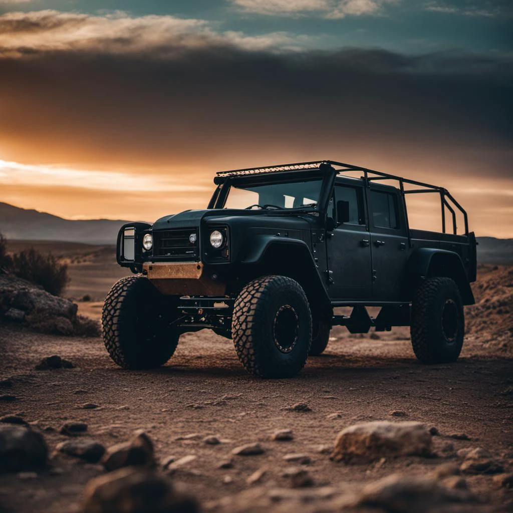 cinematic film still raw, scifi, (color military tactical metal black:1.3) (futuristic hypermodern monsterttruck:1.1) offroad, metal grit, rust, stains, outdoor, cinematic, (hot desert landscape:1.1),dried lake, cracked rocks, volumetric light, mist, sunrise
<lora:TruckMaker-SDXL-LoHA:-0.5>, epic vista <lora:Grit-SDXL:1> . shallow depth of field, vignette, highly detailed, high budget Hollywood movie, bokeh, cinemascope, moody, epic, gorgeous, film grain, grainy